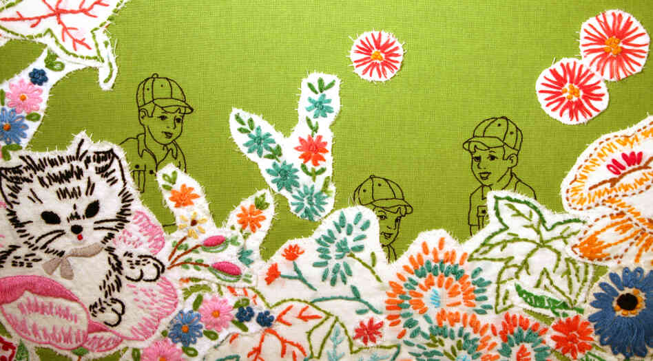 Maggy Rozycki Hiltner's Hothouse Flowers, made of found fabrics, is one of many works on display in the Textile Museum's Green: The Color and the Cause exhibit in Washington, D.C. Click here to see the full textile. Maggy Rozycki Hiltner's Hothouse Flowers, made of found fabrics, is one of many works on display in the Textile Museum's Green: The Color and the Cause exhibit in Washington, D.C. Click here to see the full textile.