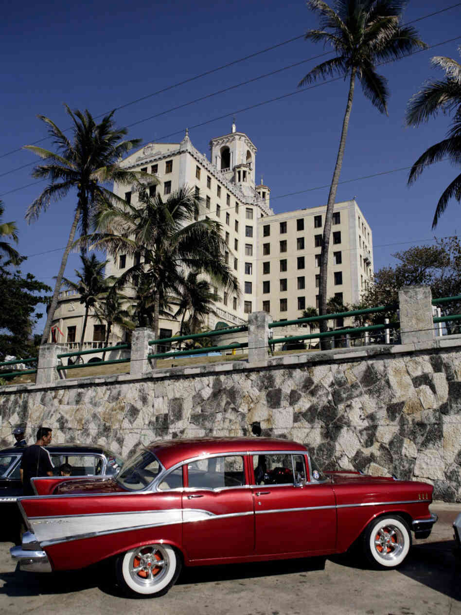 An old car is seen parked in front the National hotel during a classic car rally in Havana, Cuba, on April 7.