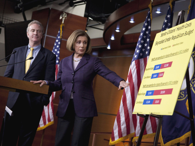 House Minority Leader Nancy Pelosi (D-CA) with Rep. Chris Van Hollen (D-MD) at a Capitol Hill news conference, Thursday, April 14, 2011.