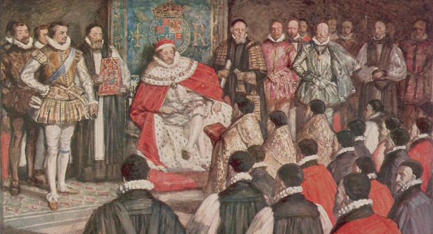 The King James Bible, published in 1611, celebrates its 400th birthday this year. Above, a 1754 illustration depicts a group of robed translators presenting a bible to King James I. The king commissioned the new translation in 1604, and for the next seven years, 47 scholars and theologians worked through the Bible line by line.