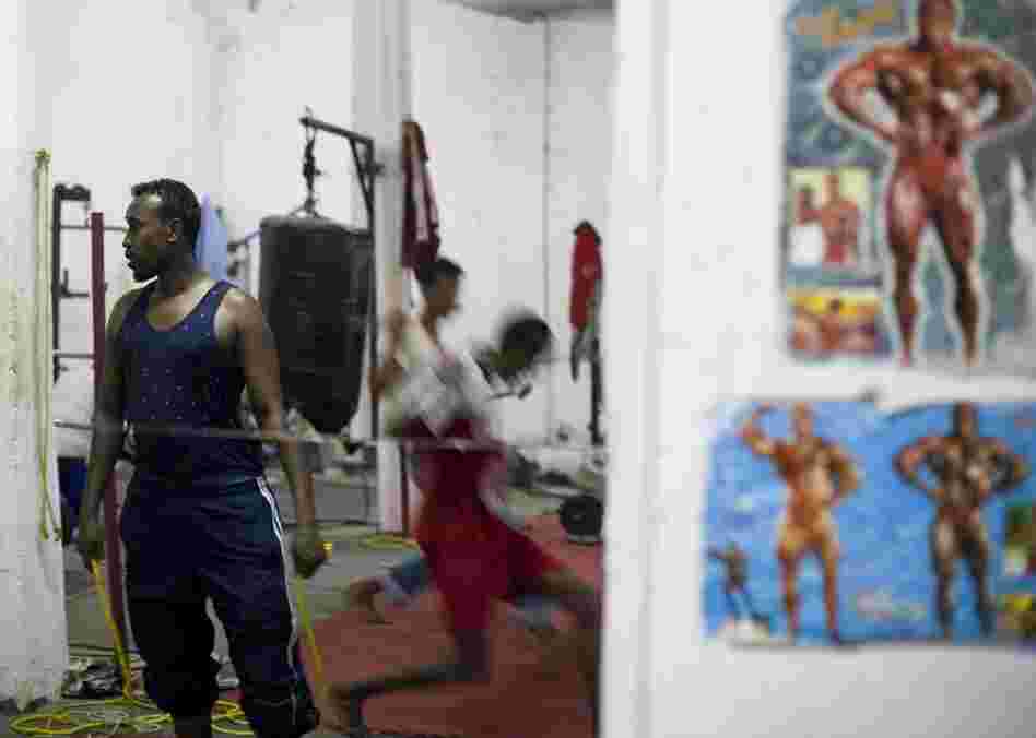 Young men work out in a Hargeisa gym.
