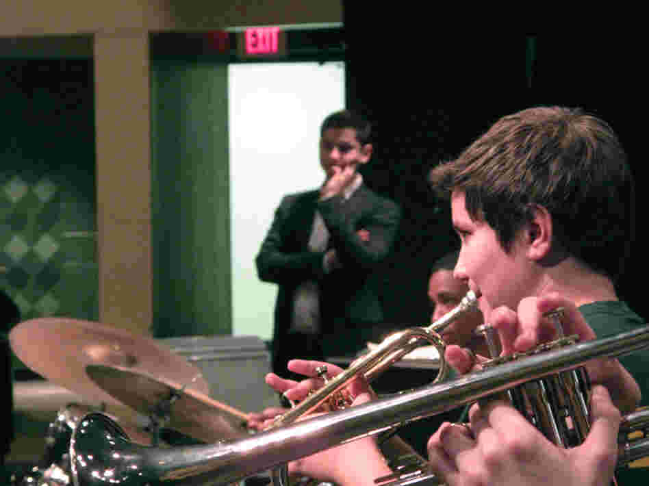 Eldar (background) observes jazz band practice at Kenmore Middle School in Arlington, Va.