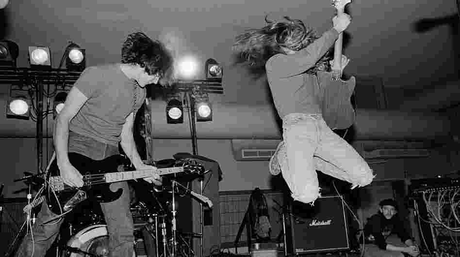 Novoselic and Cobain perform at the University of Washington HUB Ballroom in February 1989.