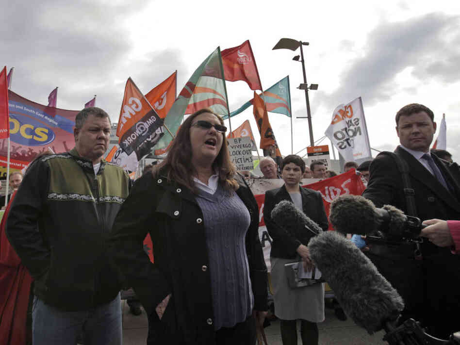 Tracy Kuhms, a fishing boat owner from Louisiana who was affected by last year's oil spill, talks to members of the media last week outside the London conference center where BP held its annual general meeting of shareholders. Tracy Kuhms, a fishing boat owner from Louisiana who was affected by last year's oil spill, talks to members of the media last week outside the London conference center where BP held its annual general meeting of shareholders.