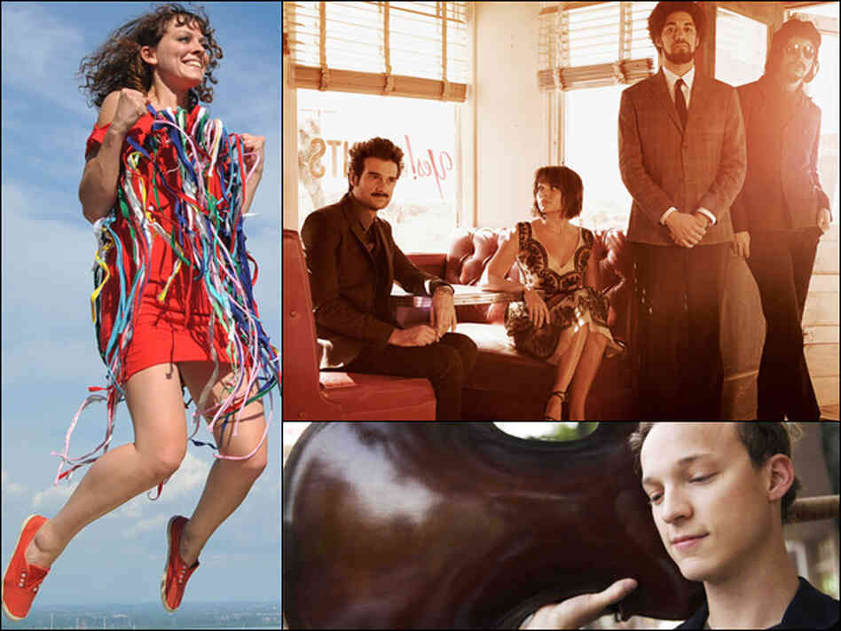 Laurel Sprengelmeyer of Little Scream (left); Daniele Luppi, Norah Jones, Danger Mouse and Jack White of the Rome project (top right); Ben Sollee (bottom right).