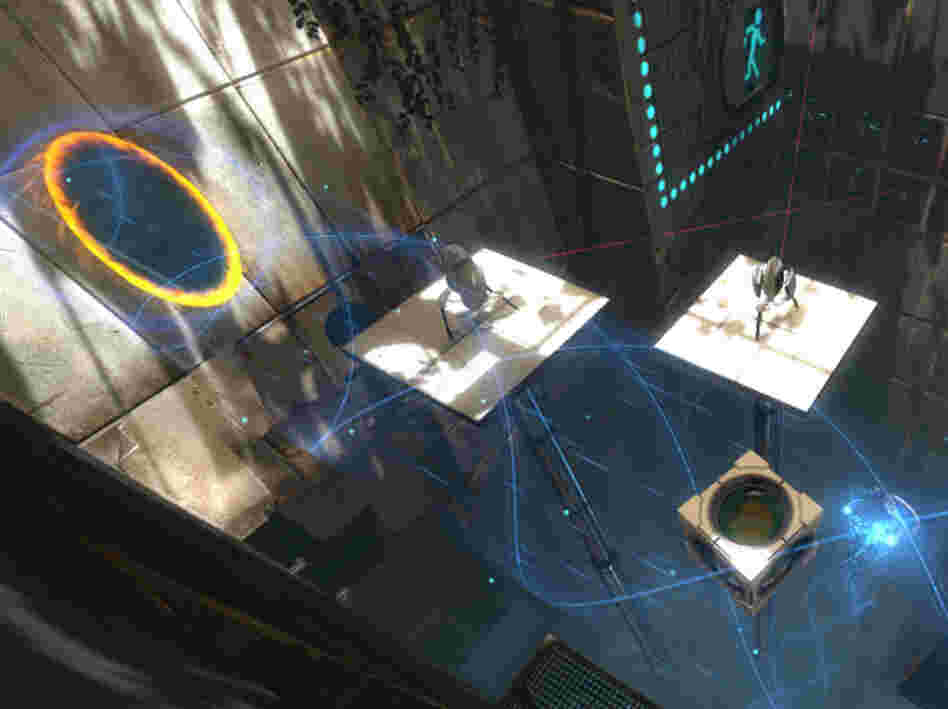 In the video game Portal 2, players use portals to teleport themselves and objects to help solve puzzles.