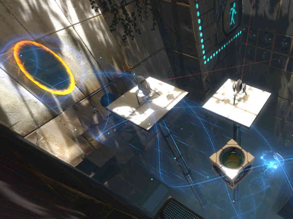 In the video game Portal 2, players use portals to teleport themselves and objects to help solve puzzles.