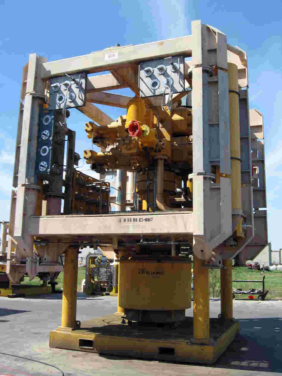 The Helix Well Containment Group's capping stack is stored in an equipment yard in Houston  and can be transported by truck to a dock within hours.