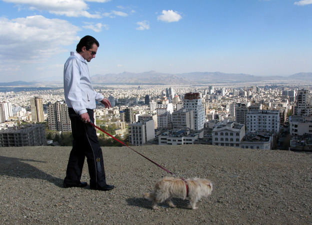 An Iranian man walks with his dog while spending a weekend holiday in Tochal north of Tehran, Iran.