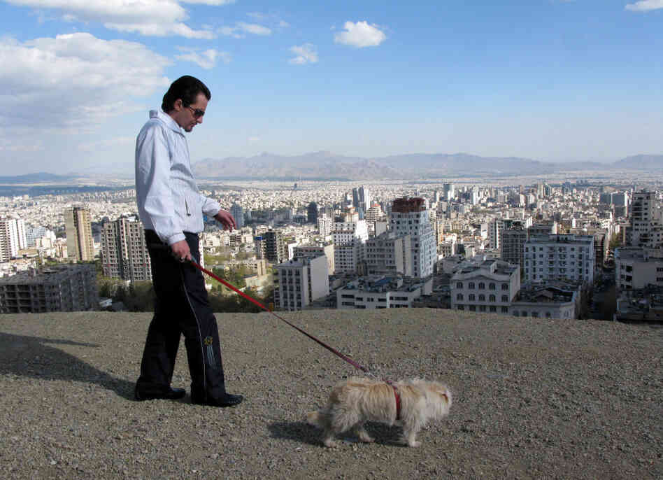 An Iranian man walks with his dog while spending a weekend holiday in Tochal north of Tehran, Iran.