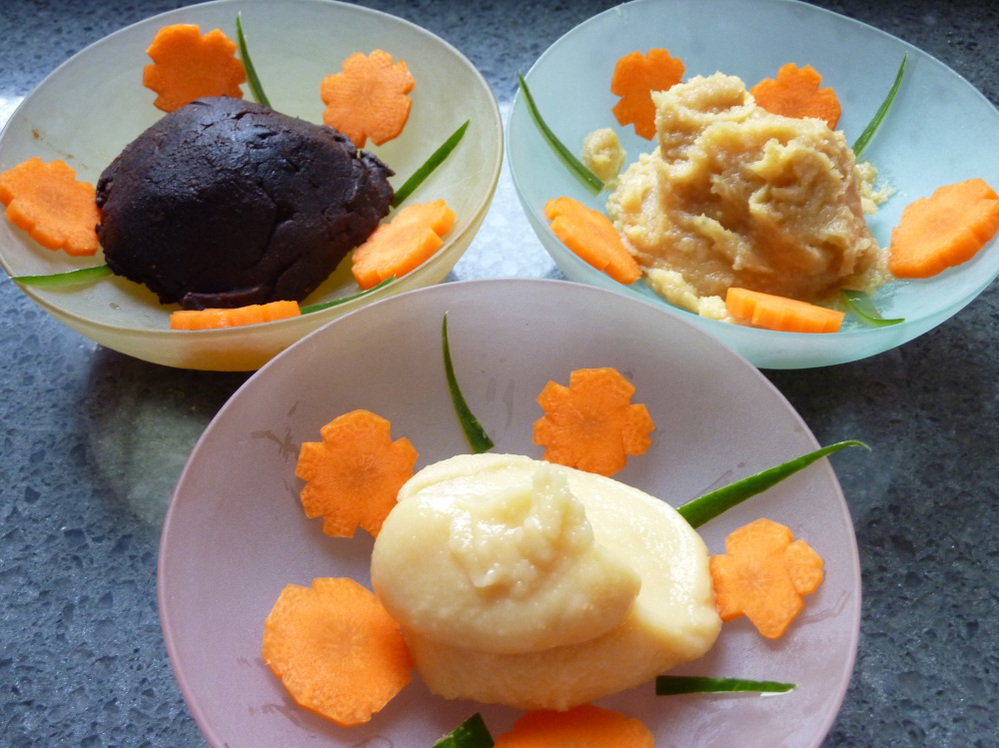 Above, three types of miso, or fermented soybean paste commonly used in Asian cooking, are on display.