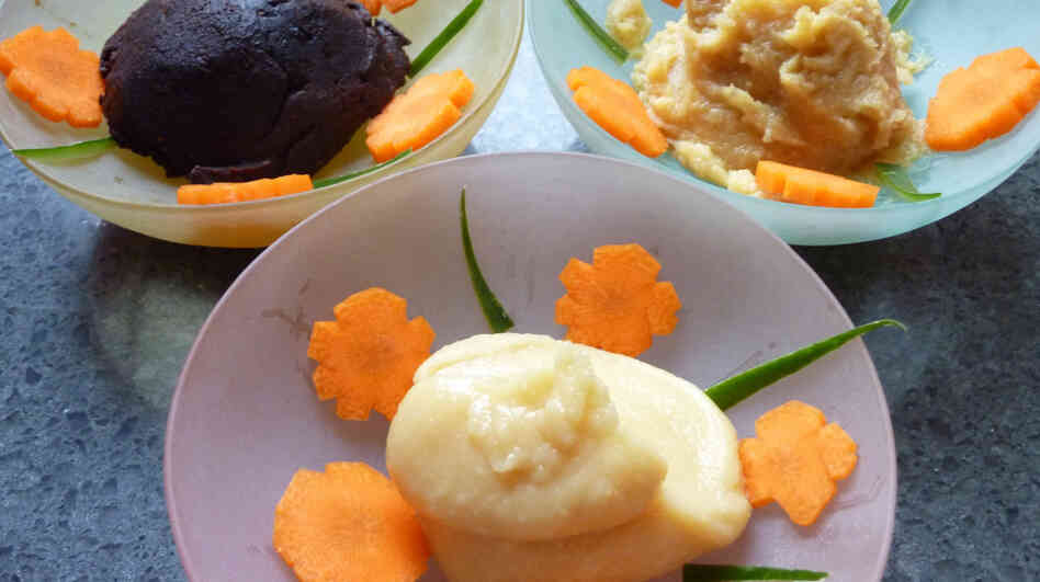 Above, three types of miso, or fermented soybean paste commonly used in Asian cooking, are on display.