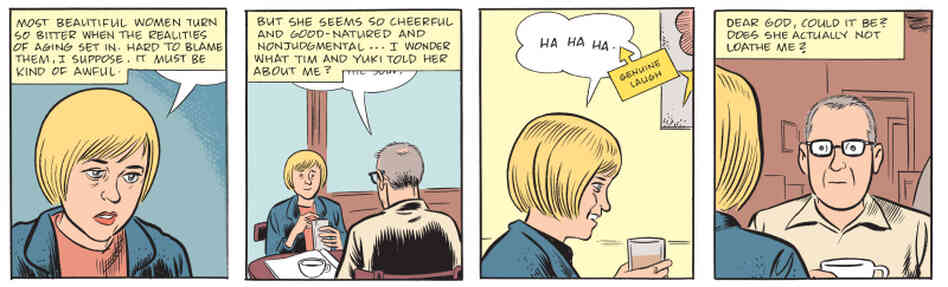 A scene from Mister Wonderful by Daniel Clowes, in which Marshall, the hero of the story, wonders how he could possibly be on a date with such a beautiful woman. Mister Wonderful was previously serialized in the New York Times Magazine. A scene from Mister Wonderful by Daniel Clowes, in which Marshall, the hero of the story, wonders how he could possibly be on a date with such a beautiful woman. Mister Wonderful was previously serialized in the New York Times Magazine.