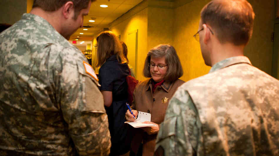 Holly Petraeus speaks to members of the military at a recent round-table discussion at Joint Base Myer-Henderson Hall in Virginia. Holly Petraeus speaks to members of the military at a recent round-table discussion at Joint Base Myer-Henderson Hall in Virginia.