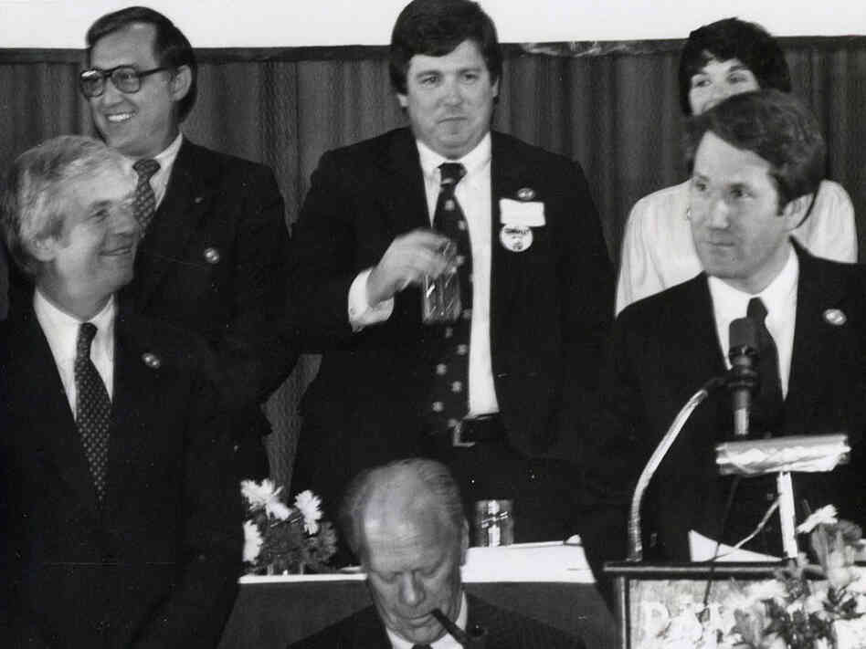 Haley Barbour (top center) listens to former Mississippi Republican Party Chairman Mike Retzer (right) at a fundraiser to offset the campaign debt of Republican gubernatorial nominee Gil Carmichael in 1980. In attendance were Sen. Thad Cochran (lower left) and former President Gerald Ford. Haley Barbour (top center) listens to former Mississippi Republican Party Chairman Mike Retzer (right) at a fundraiser to offset the campaign debt of Republican gubernatorial nominee Gil Carmichael in 1980. In attendance were Sen. Thad Cochran (lower left) and former President Gerald Ford.