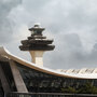 The air traffic control tower at  Dulles International Airport in Virginia.