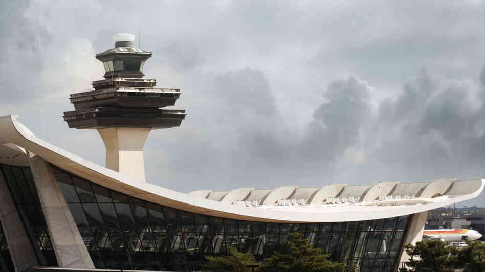 The air traffic control tower at  Dulles International Airport in Virginia.
