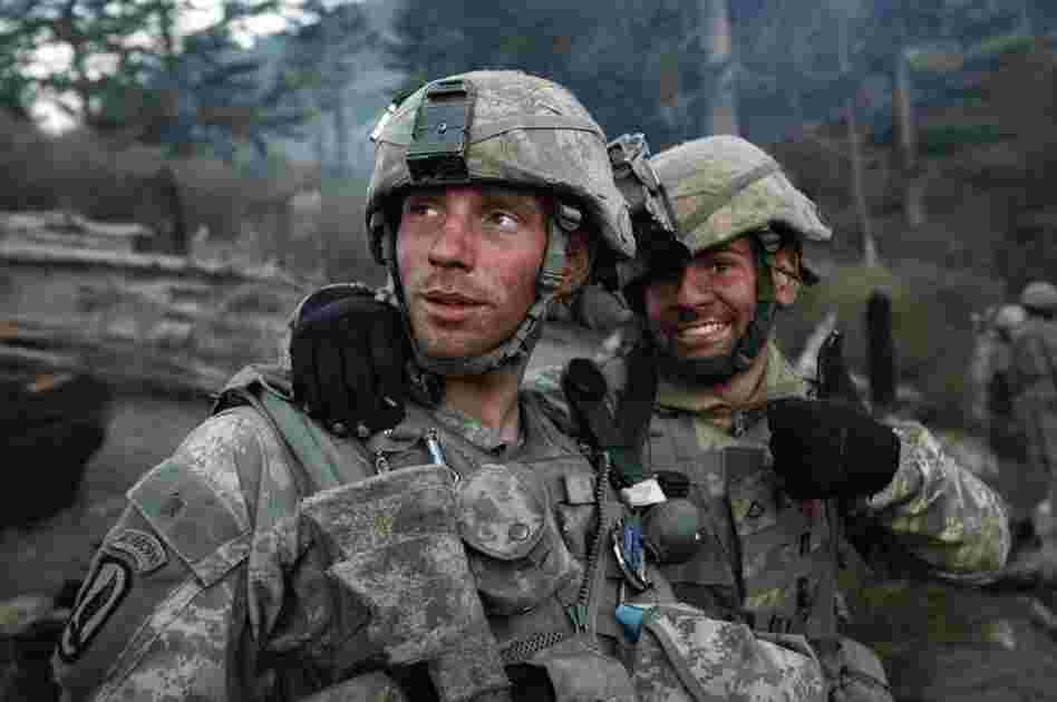An image from Hetherington's book Infidel which was taken while he was embedded with writer Sebastian Junger in the Korengal Valley of Afghanistan in 2008.