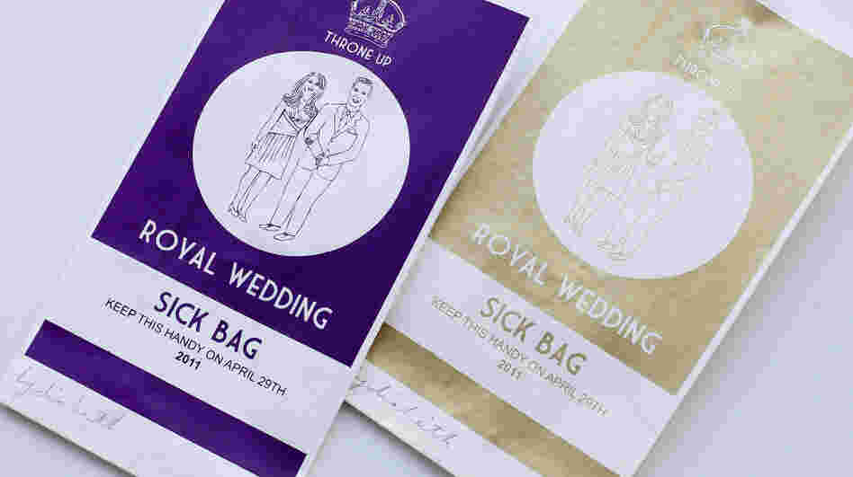 Two specially commissioned airline style sick bags for people who have had too much of the Royal Wedding are seen in a London gallery.