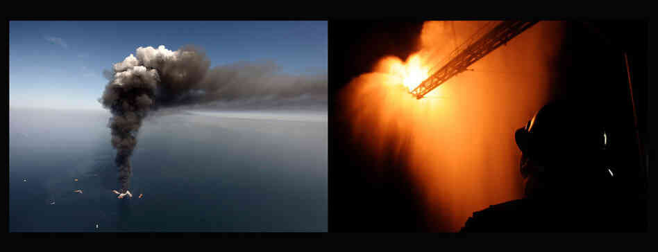 Left: Smoke rises above the Deepwater Horizon oil rig, April 21, 2010. Right: A worker watches as gas from the damaged wellhead is burned by the drill ship Discoverer Enterprise in a process known as flaring. 