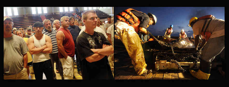 Left: Fishermen in Venice, La., listen about possible work with BP cleaning up the growing oil spill, April 30, 2010. Days later, the U.S. government banned fishing in areas affected by the spill. Right: Coast Guardsmen on Marine Vessel Braxton Perry recover a deflection boom during controlled burns in the Gulf of Mexico, May 7, 2010. 
