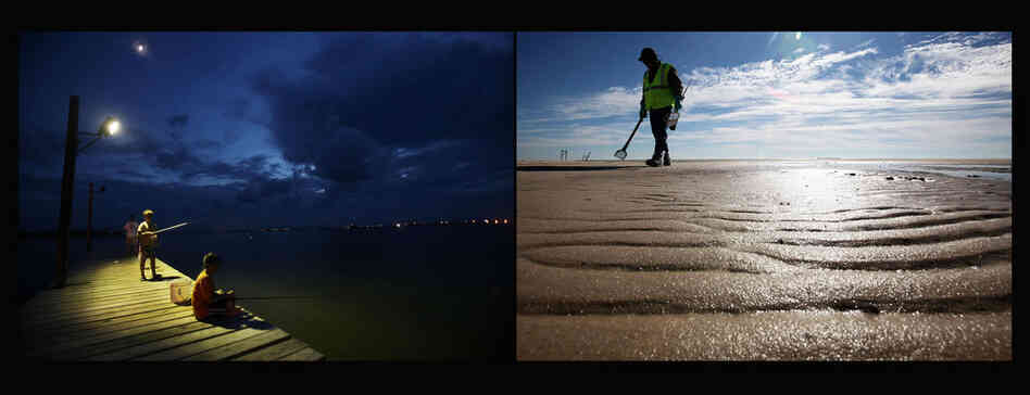 Left: Grand Isle residents returned to sport fishing in the months following the spill. Right: A worker cleans tarballs on Waveland beach in Waveland, Miss., Dec 6, 2010. 