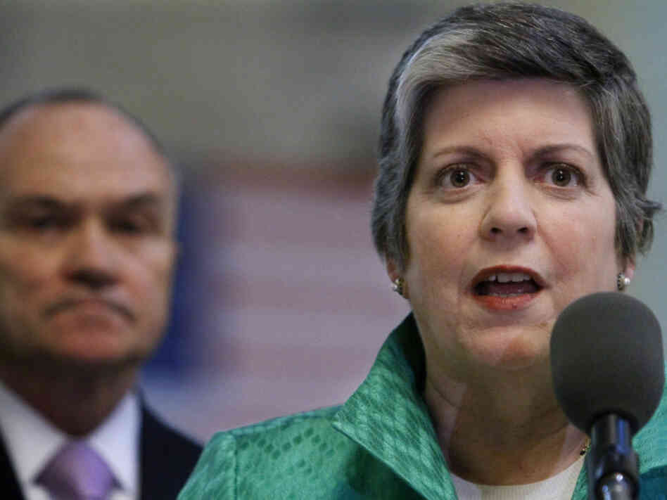 Commissioner Ray Kelly listens as Secretary of Homeland Security Janet Napolitano speaks during a news conference Wednesday in New York.   Napolitano announced the implementation of the Department of Homeland Security's new National Terrorism Advisory System.