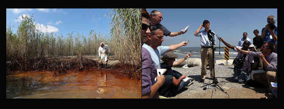 Left: Phil Radford, executive director of Greenpeace USA, inspects oil-covered reeds south of Venice, La., May 20, 2010. Right: Tony Hayward, then CEO of BP, answers questions from the media on an oil-stained beach in Port Fourchon, La., May 24, 2010. 