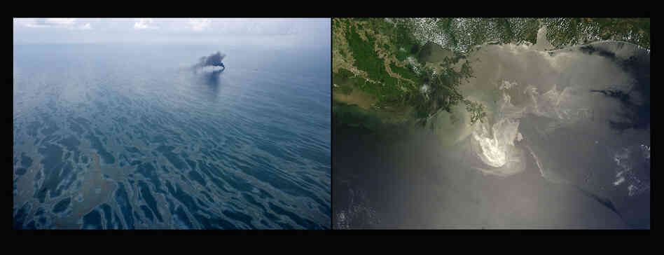 Left: Smoke rises from a controlled burn above the oil-slicked Gulf of Mexico. Right: A May 24, 2010, NASA satellite image shows the slick spreading near the Mississippi Delta. 