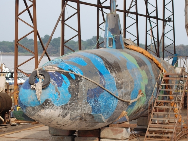 The kevlar-coated submarine, pictured at the naval command headquarters in Guayaquil, Ecuador, after Ecuadorian police found it in a remote jungle in July 2010.