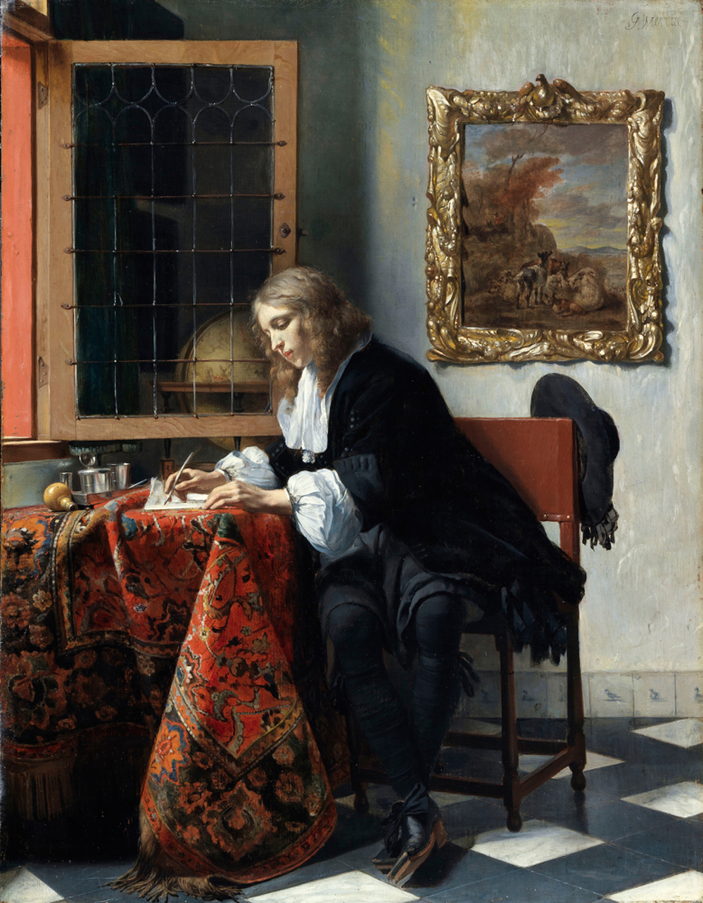 Metsu's 1664 painting A Man Writing a Letter depicts a handsome young scribe penning his correspondence in an opulent study.