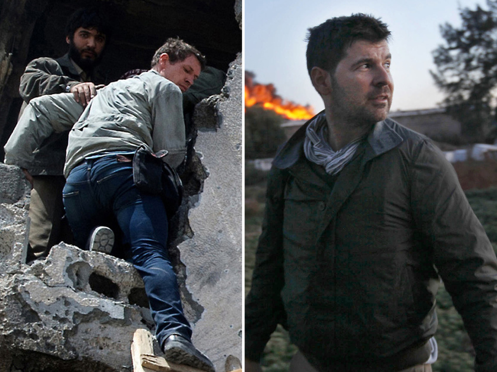 Photo combination: photographer Tim Hetherington (L) climbing from a building in Misrata, Libya, on Wednesday, and American photographer Chris Hondros in Misrata on Monday.