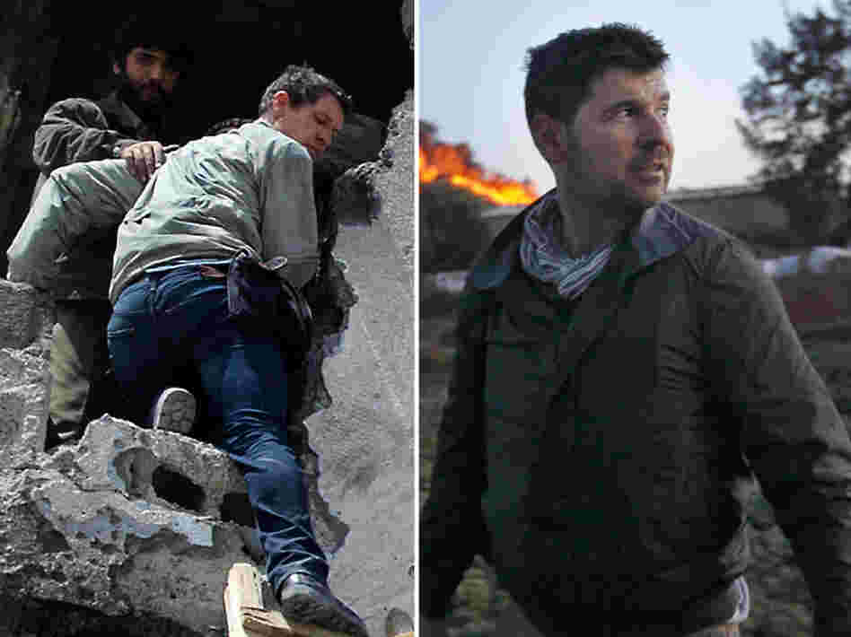 Photo combination: photographer Tim Hetherington (L) climbing from a building in Misrata, Libya, on Wednesday, and American photographer Chris Hondros in Misrata on Monday.