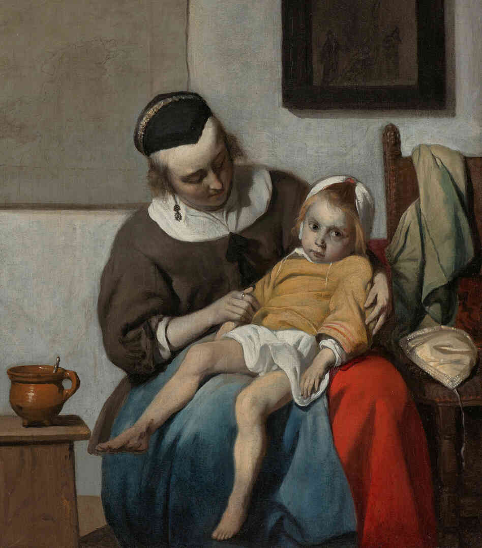 Metsu was a storyteller — though a mysterious one. His canvasses tell a  story, but it's not always clear what the narrative is. Above, The Sick Child, 1664.