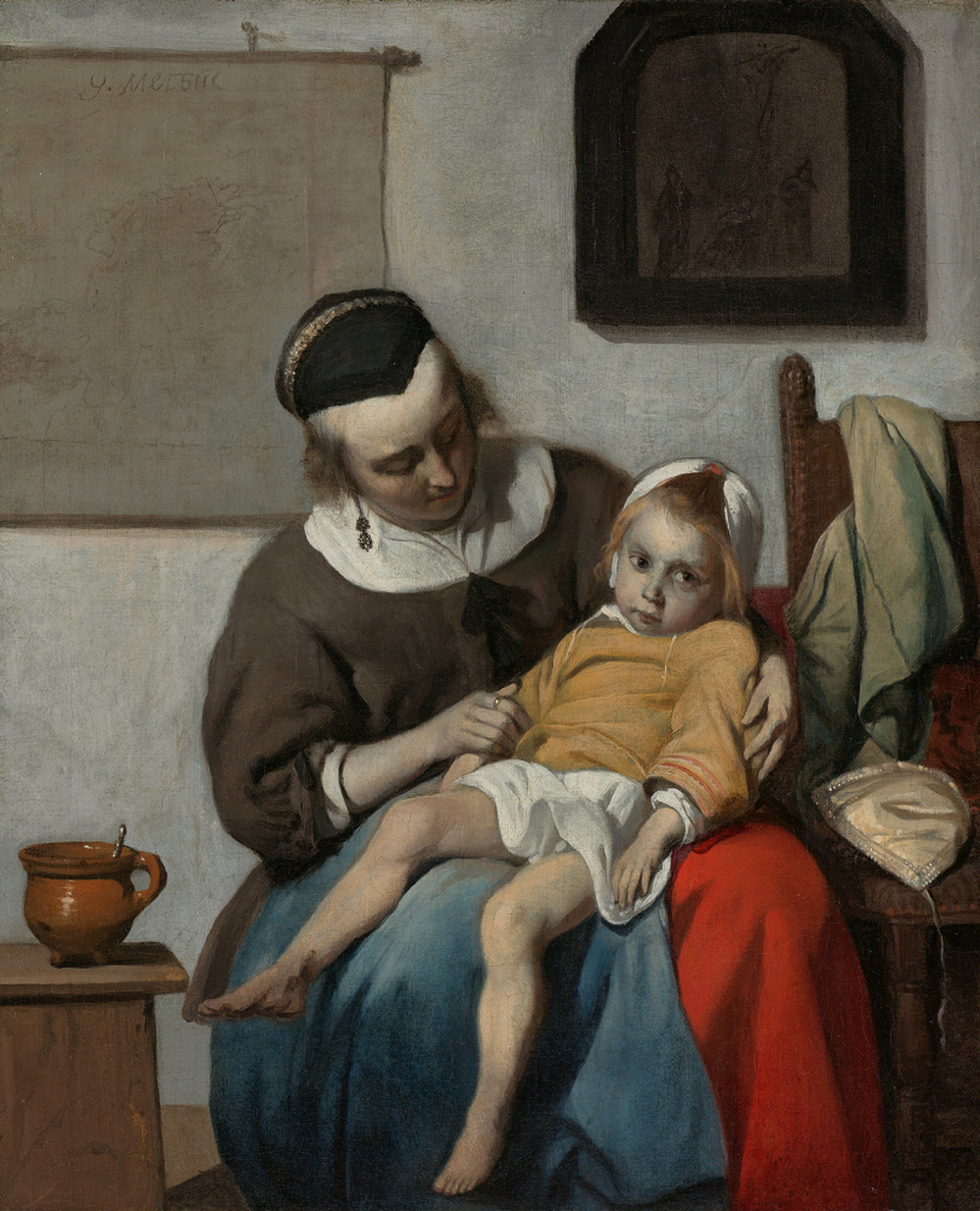 Metsu was a storyteller — though a mysterious one. His canvasses tell a  story, but it's not always clear what the narrative is. Above, The Sick Child, 1664.