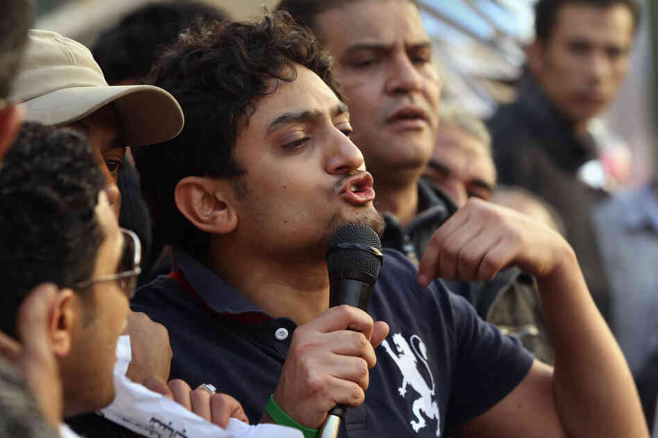 Wael Ghonim addressing protesters in Cairo's Tahrir Square on Feb. 8, 2011.