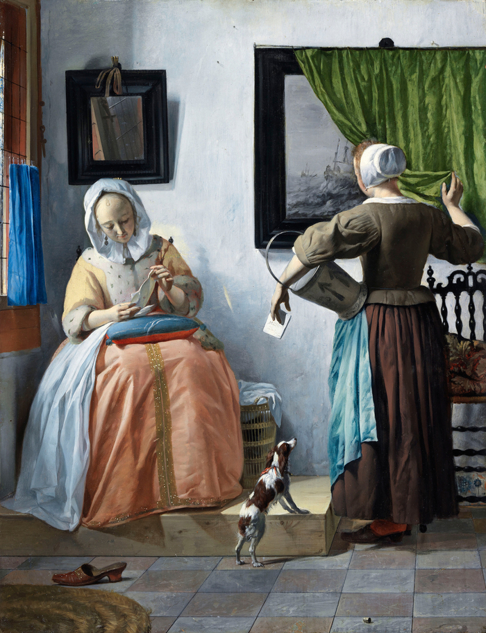 A Woman Reading a Letter (1664) shows a pensive young woman dressed in the finest fabrics. Click here to see the gold details in her dress and her shoe.
