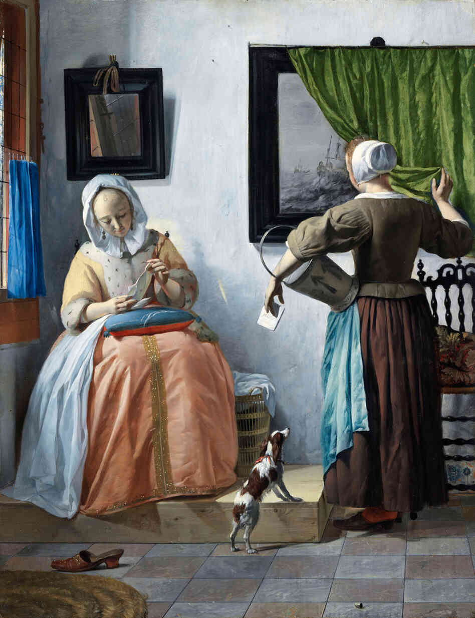 A Woman Reading a Letter (1664) shows a pensive young woman dressed in the finest fabrics. Click here to see the gold details in her dress and her shoe.