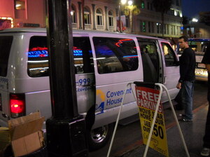 The Covenant House van sits on Hollywood Boulevard. The non-profit organization makes nightly drives up and down the streets of Hollywood and hands out water, food and blankets. The Covenant House van sits on Hollywood Boulevard. The non-profit organization makes nightly drives up and down the streets of Hollywood and hands out water, food and blankets.