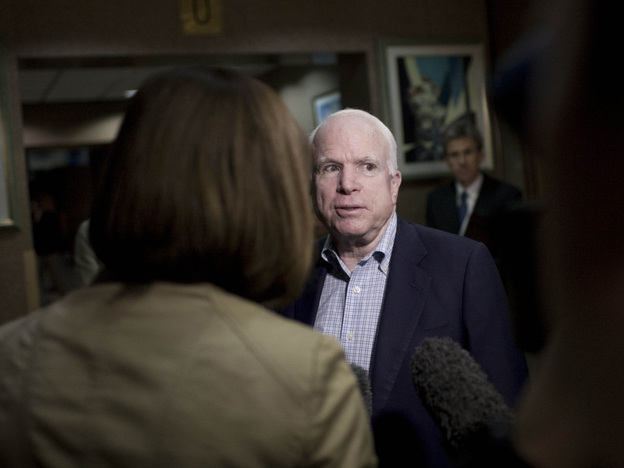 Sen. John McCain talks with journalists Friday at the Tebisty Hotel in Benghazi, Libya. McCain, who has been one of the strongest proponents in Congress of U.S. military intervention in Libya, says he plans to meet with the rebel National Transition Council, the de-facto government in the eastern half of the country, and members of the rebel military.