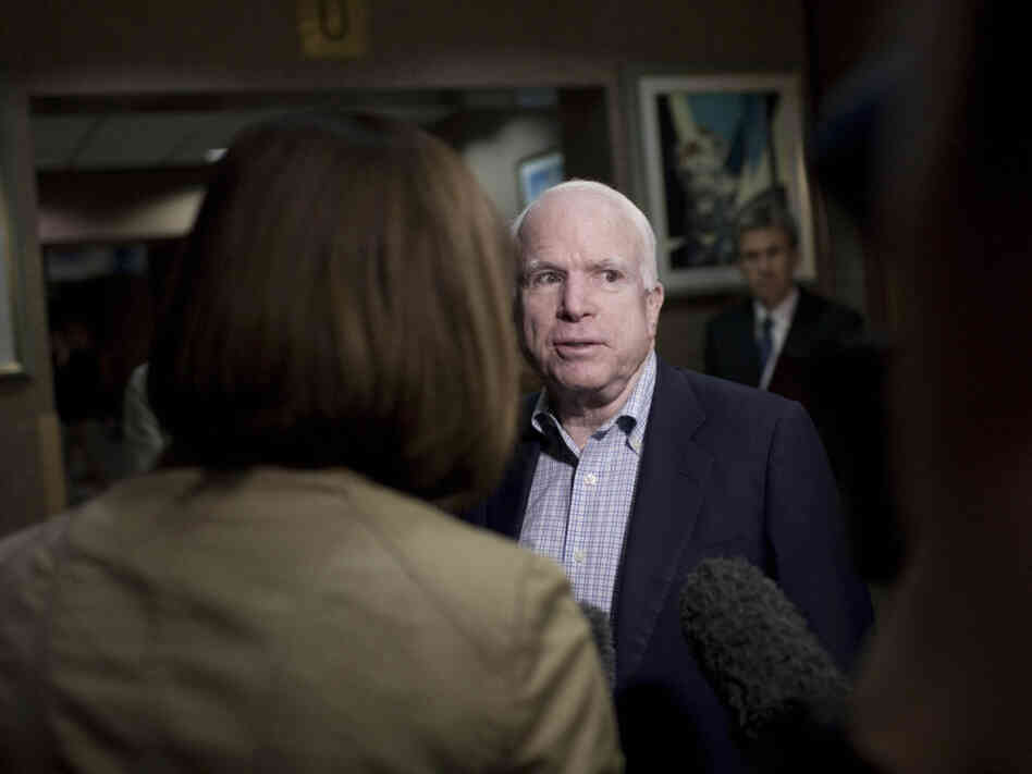 Sen. John McCain talks with journalists Friday at the Tebisty Hotel in Benghazi, Libya. McCain, who has been one of the strongest proponents in Congress of U.S. military intervention in Libya, says he plans to meet with the rebel National Transition Council, the de-facto government in the eastern half of the country, and members of the rebel military.