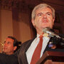 Then-House Speaker Newt Gingrich holds up a copy of the Republican Party's "Contract with America" during a rally to celebrate the first 50 days of the Republican majority in Congress in 1995.