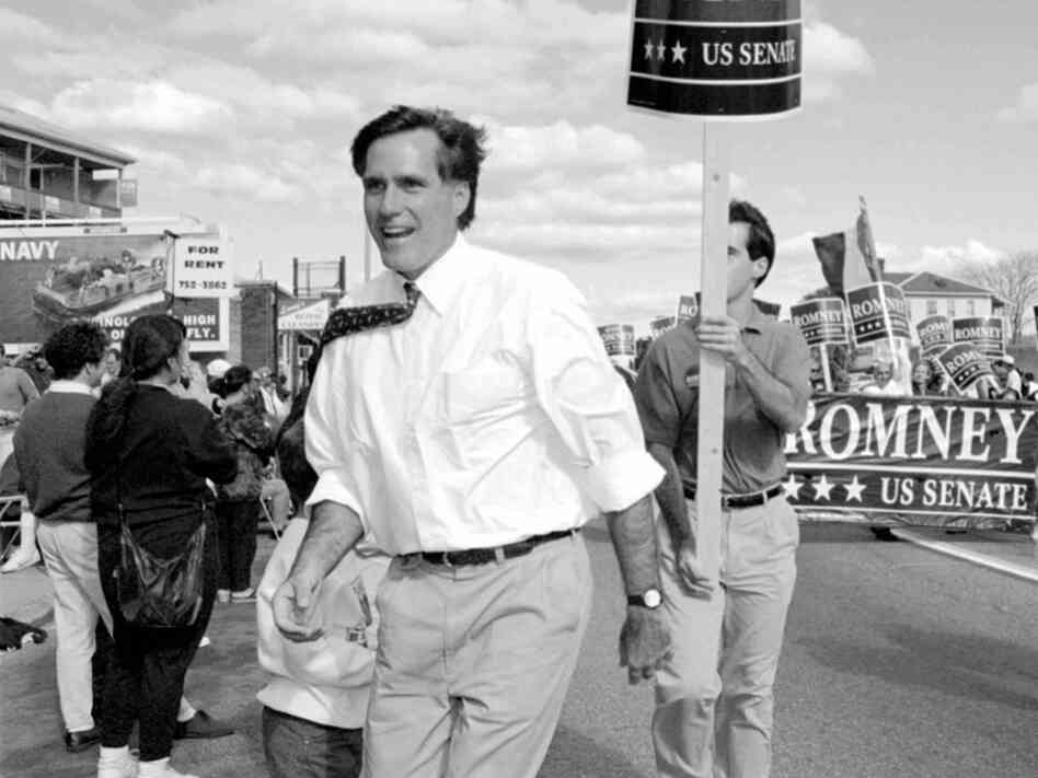 Then-Senate candidate Mitt Romney greets supporters at the Columbus Day parade in Worcester, Mass., in 1994, when he challenged Sen. Edward Kennedy.