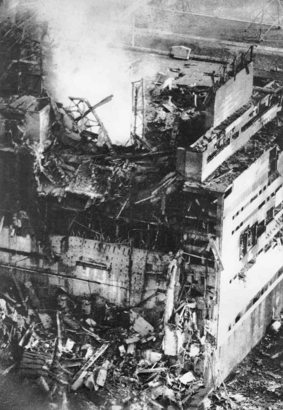 The destroyed Chernobyl nuclear power plant, shown just hours after the April 26, 1986, explosion. The destroyed Chernobyl nuclear power plant, shown just hours after the April 26, 1986, explosion.