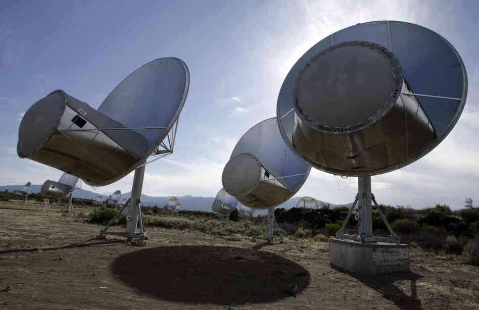 Radio telescopes of the Allen Telescope Array are seen in Hat Creek, Calif.