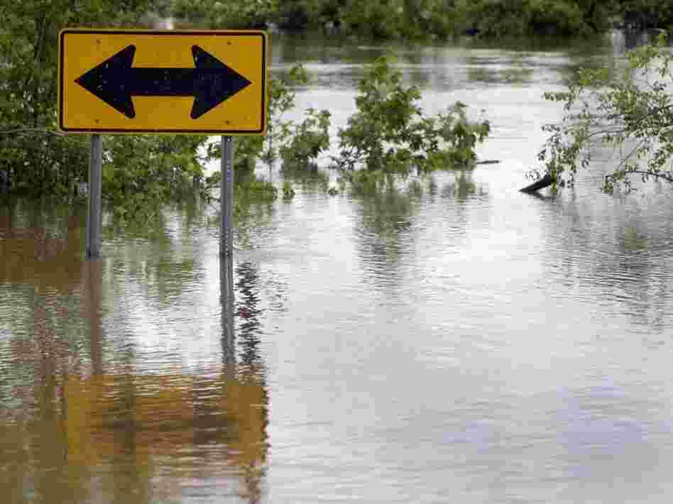 Floodwaters from the Black River surrounded a street sign earlier today (April 26, 2011) in Poplar Bluff, Mo.