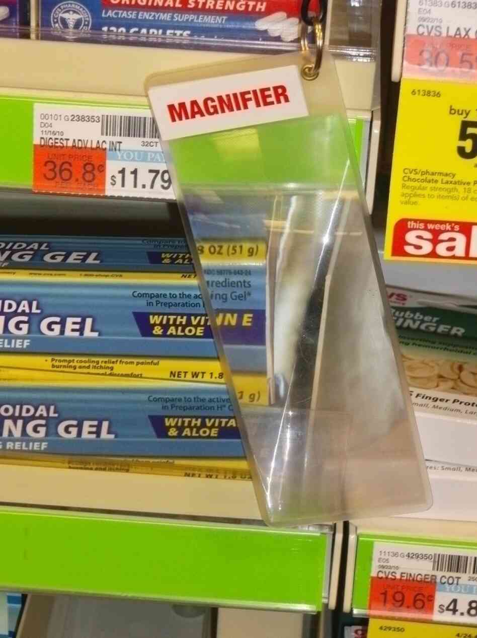 In many of its stores nationwide, CVS has installed fine-print magnifiers like this one to aid elderly shoppers. In many of its stores nationwide, CVS has installed fine-print magnifiers like this one to aid elderly shoppers.