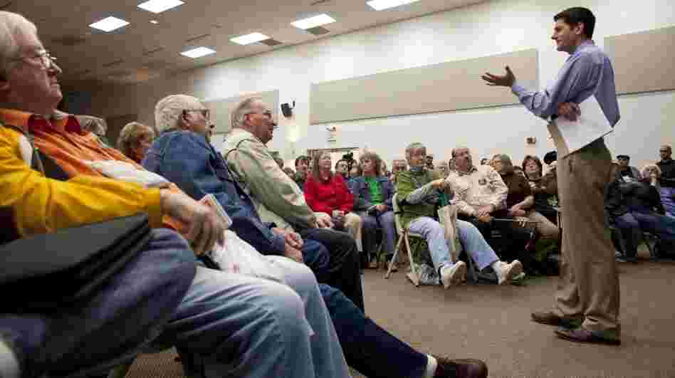 Rep. Paul Ryan (R-WI) speaks during a public meeting Tuesday at Gateway Technical College in Kenosha, Wis. His plan to fundamentally restructure Medicare and cut social safety net programs like food stamps and Medicaid has at times been a tough sell as its supporters head home and meet with their constituents. Rep. Paul Ryan (R-WI) speaks during a public meeting Tuesday at Gateway Technical College in Kenosha, Wis. His plan to fundamentally restructure Medicare and cut social safety net programs like food stamps and Medicaid has at times been a tough sell as its supporters head home and meet with their constituents.