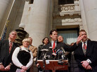Delaware County District Attorney Patrick Meehan (from left) and Gail Willard (mother of slain athlete Aimee Willard) accompany Sen. Rick Santorum as he introduces "Aimee's Law" along with Republican Arizona Rep. Matt Salmon at the county courthouse in Media, Pa., in 1999. The bill encourages states to keep murderers and sexual predators behind bars. Delaware County District Attorney Patrick Meehan (from left) and Gail Willard (mother of slain athlete Aimee Willard) accompany Sen. Rick Santorum as he introduces "Aimee's Law" along with Republican Arizona Rep. Matt Salmon at the county courthouse in Media, Pa., in 1999. The bill encourages states to keep murderers and sexual predators behind bars.