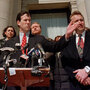 Delaware County District Attorney Patrick Meehan (from left) and Gail Willard (mother of slain athlete Aimee Willard) accompany Sen. Rick Santorum as he introduces "Aimee's Law" along with Republican Arizona Rep. Matt Salmon at the county courthouse in Media, Pa., in 1999. The bill encourages states to keep murderers and sexual predators behind bars. Delaware County District Attorney Patrick Meehan (from left) and Gail Willard (mother of slain athlete Aimee Willard) accompany Sen. Rick Santorum as he introduces "Aimee's Law" along with Republican Arizona Rep. Matt Salmon at the county courthouse in Media, Pa., in 1999. The bill encourages states to keep murderers and sexual predators behind bars.